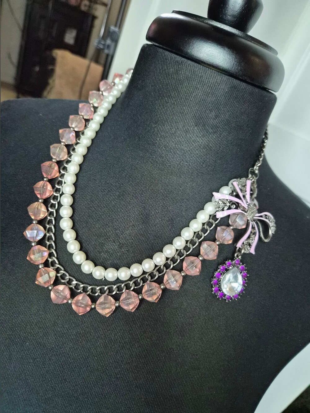 Layered Vintage-Inspired Triple Strand Pink Crystal & Pearl Statement Necklace